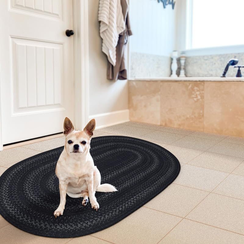 Jet Black Braided Oval Rug 27x45 - Primitive Braided Rugs for Kitchen, Entryway & Bathroom