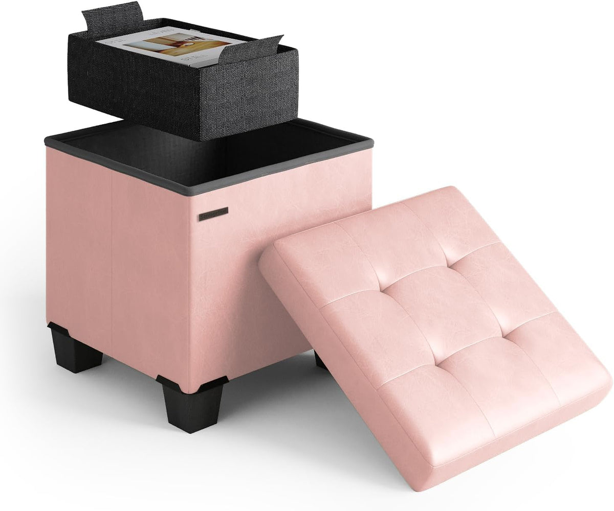 STORAGEBUD Storage Ottoman Cube with Small Bin, 16-in Square Ottoman with Storage for Living Room and Bedroom, Small Ottomans Foot Rest, Faux Leather Foot Stools Ottomans Max 330lbs, Pink