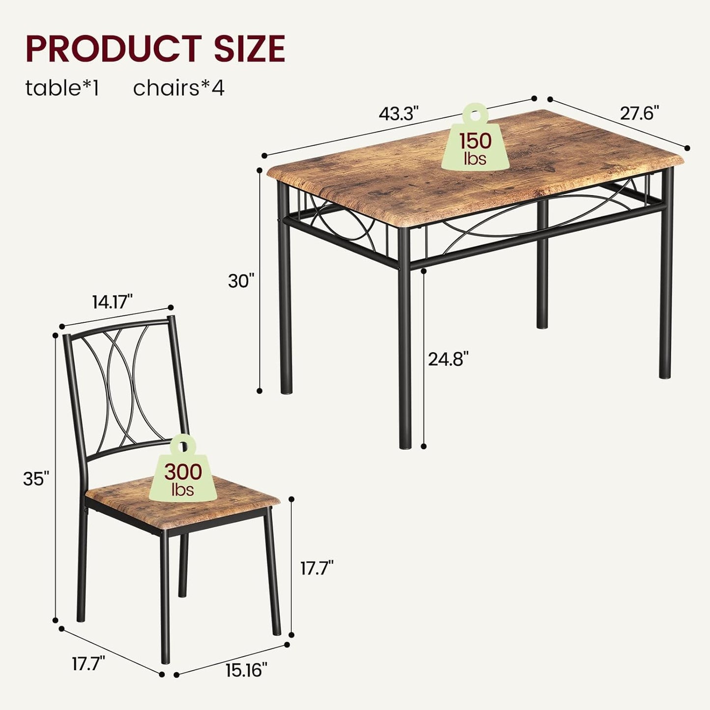 GAOMON Dining Table Set for 4, Rectangle Kitchen Table with 4 Wood Chairs Set for 4, 5-Piece Compact Apartment Kitchen & Dining Room Set Furniture for Small Spaces, Space-Saving, Rustic Brown