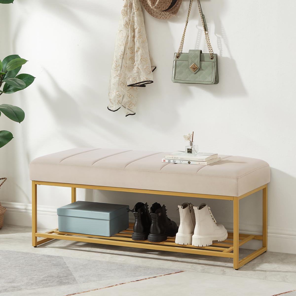 24KF Taupe Velvet Upholstered End of Bed Bench with Metal Shelf, Modern Tufted Channel Entryway Bench Footboard Bench for Living Room, Bedroom, Gold Bench,5036-Taupe