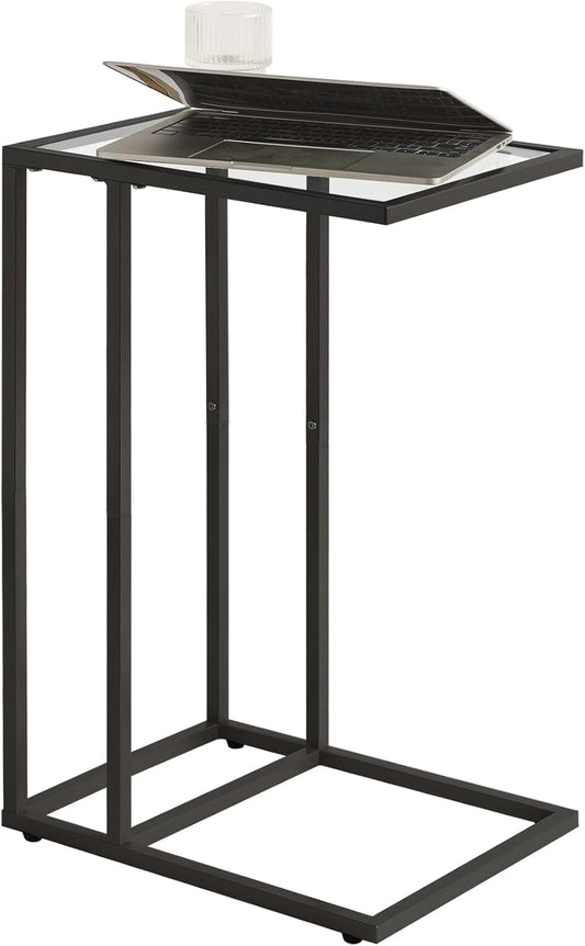 YMYNY C-Shaped End Table, Tempered Glass Sofa Side Table, nightstand for Small Place,Coffee Table for Hallway Office Bedroom Living Room, Metal Frame, Black, 24.8 * 15.75 * 11.8" UHGD001B