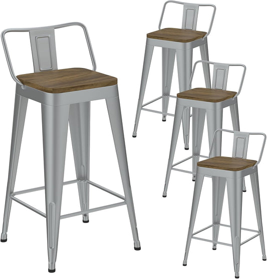 Silver Bar Stools Set of 4, Metal Bar Stools with Wooden Seat, Modern 24”Counter Height Barstools with Low Back