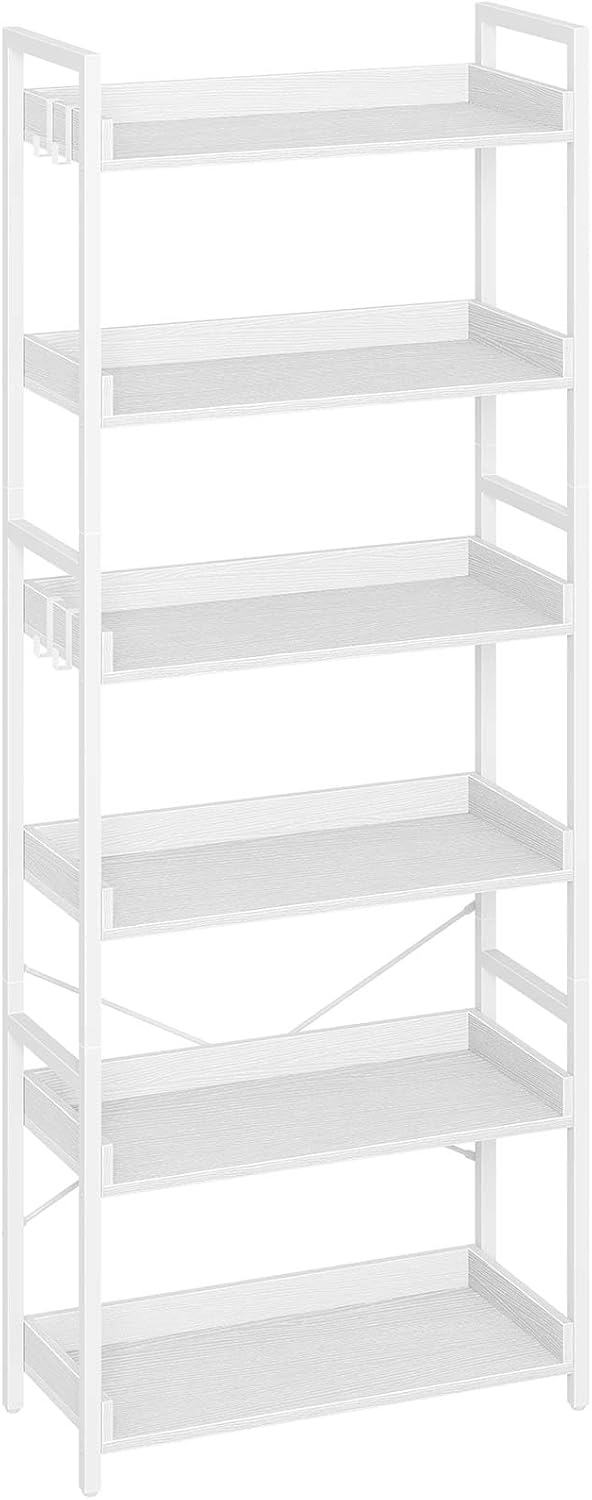 Rolanstar Bookshelf 6 Tier with 4 Hooks, Industrial Bookcase, Vintage Storage Rack with Open Shelves, Rustic Standing Bookshelves Metal Frame Display Rack for Living Room, Bedroom, White