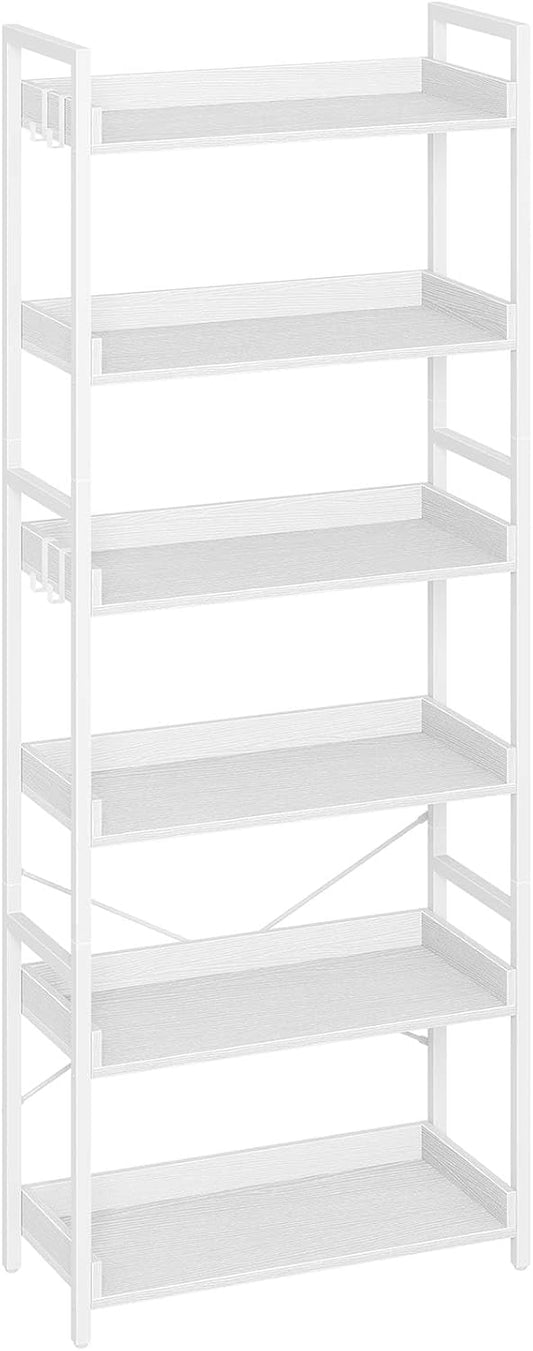 Rolanstar Bookshelf 6 Tier with 4 Hooks, Industrial Bookcase, Vintage Storage Rack with Open Shelves, Rustic Standing Bookshelves Metal Frame Display Rack for Living Room, Bedroom, White