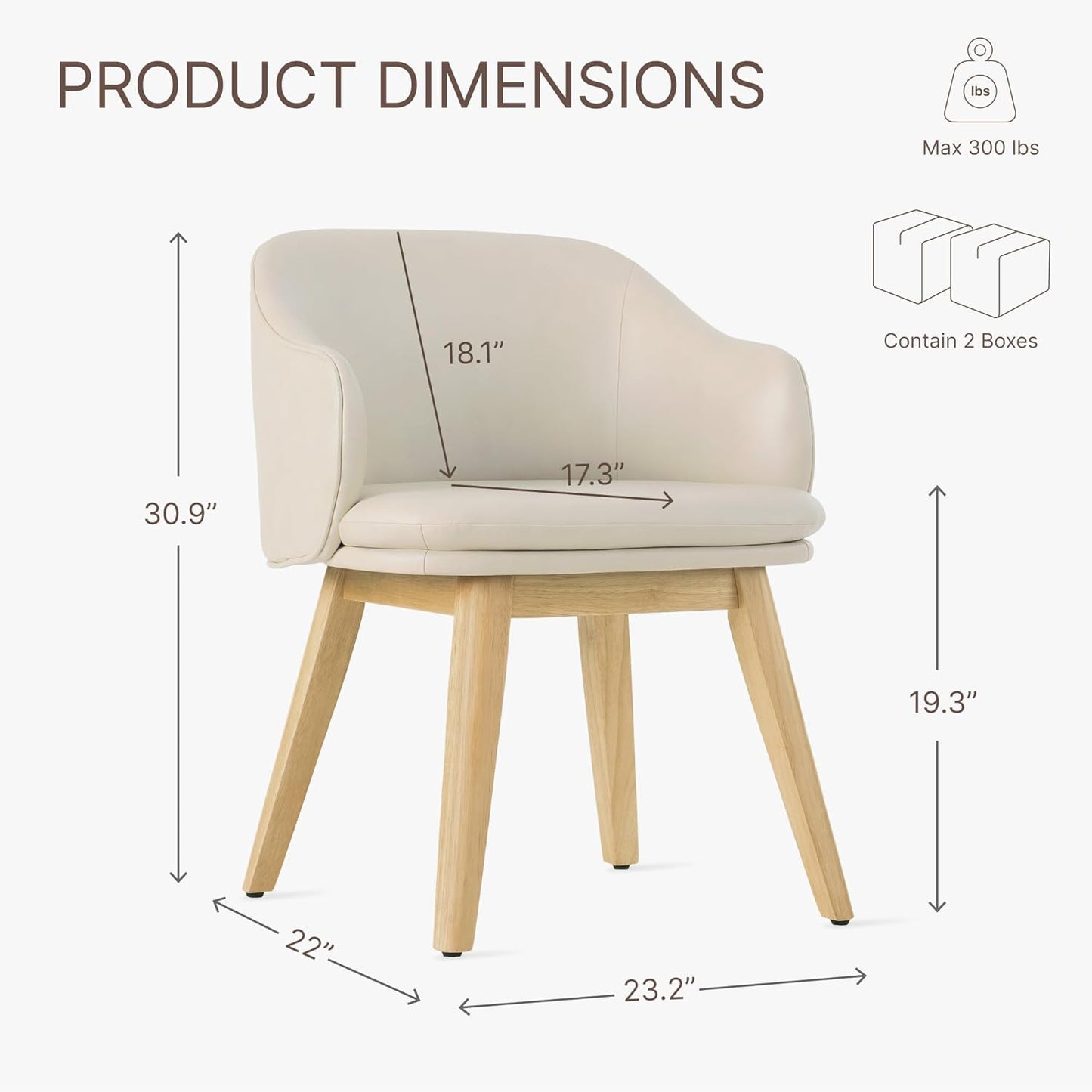 Wooden Dining Chairs Set of 4, Faux Leather Upholstered Modern Dining Room Chairs with Barrel Backrest & Double-Layer Thick Cushion for Living Room, Restaurant, Kitchen and Café, Beige, 2 Boxs