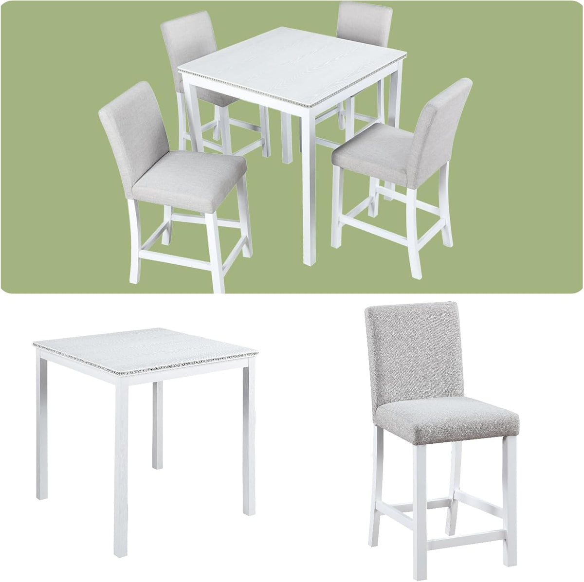 5PCS Modern White Counter Height Dining Table Set, Square Table with Crystal Decoration and 4 Upholstered Chairs for Kitchen, Dining Room