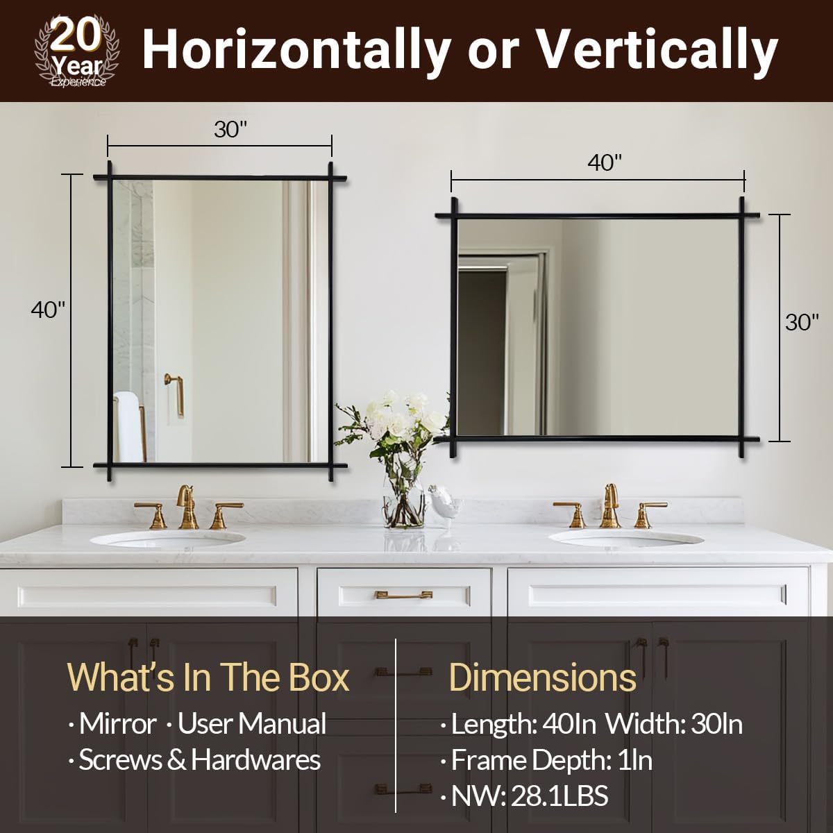 Andy Star 30x40 Inch Black Bathroom Vanity Mirror, Large Vintage Cross Corner Mirror Unique Industrial Minimalist for Home Decor in 1’’ Stainless Steel Metal Frame Wall Mounted Vertical/Horizontal