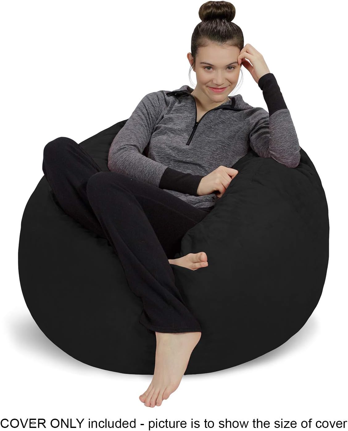 Sofa Sack Bean Bag Chair Cover Only, for Adults and Kids, Without Filling Comfy Fluffy Round or Oval Beanbag Chair Cover Replacement, Lazy Sofa Cover for Reading Chair or Floor Chair, 3 Foot, Black