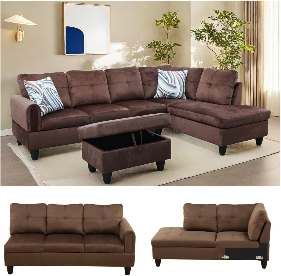 NAYSAYE Sectional Couch with Ottoman Storage, L Shaped Couch Sofa Furniture Sets, Modern Comfy Modular Comfy Sofa for Living Room Bedroom, Office and Apartment, Chocolate
