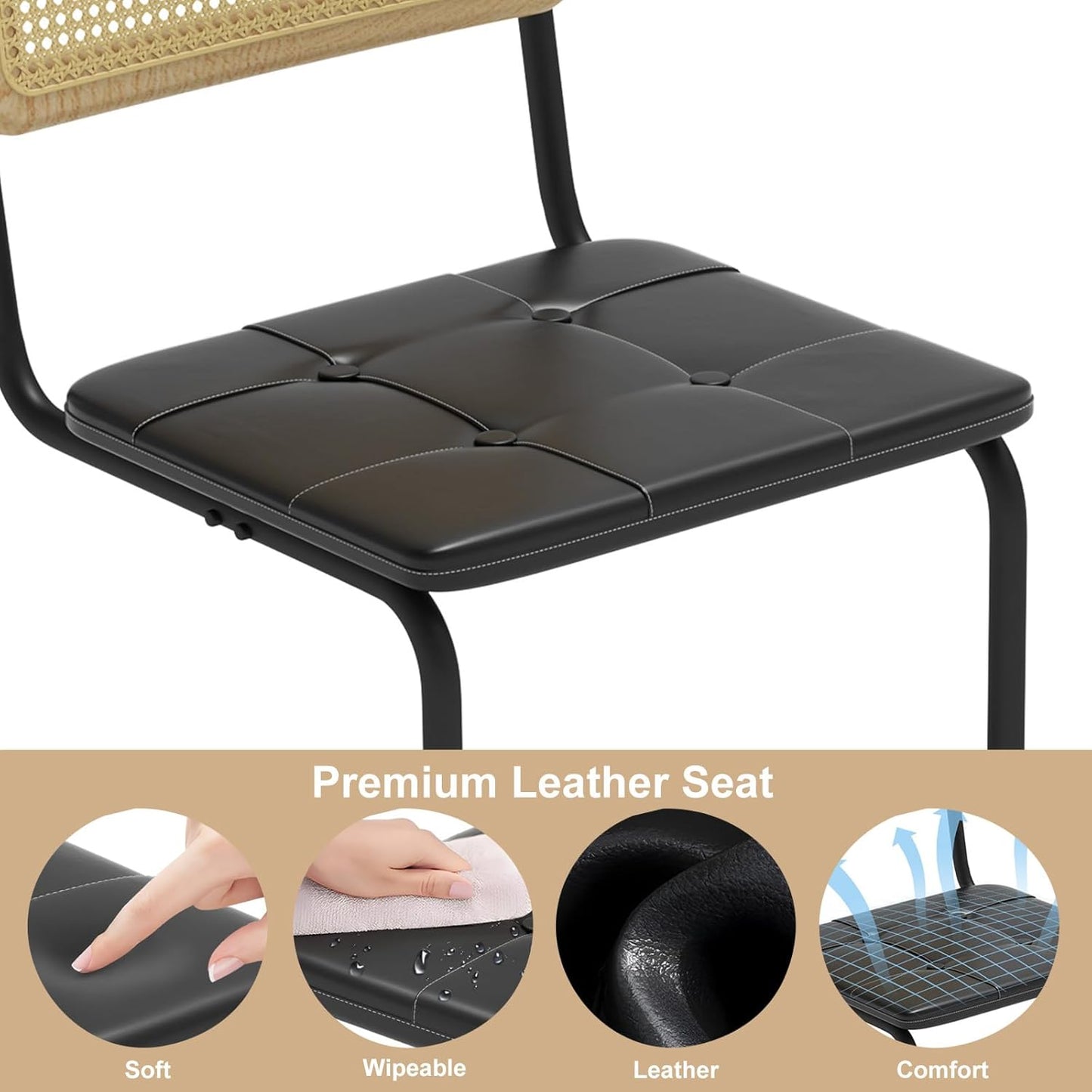 400lbs - Heavy Duty Rattan Dining Chair, Armrest Leather Cushions and Metal Frames, High-end and Durable with Rattan Weaving, Suitable for Home and Restaurant, Black