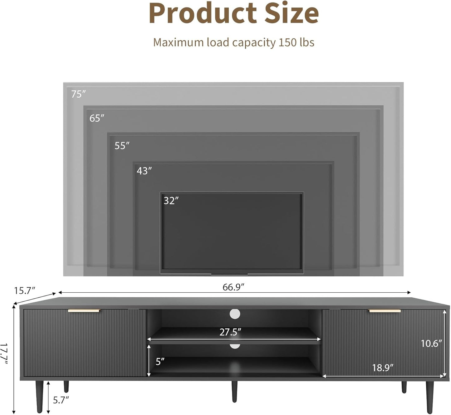 GarveeHome Black TV Stand, TV Stands for Living Room 75 inch, Entertainment Center with 2 Large Storage Cabinets, Media Console Table, Metal Handle Door, TV Stand for Bedroom, Office Furniture