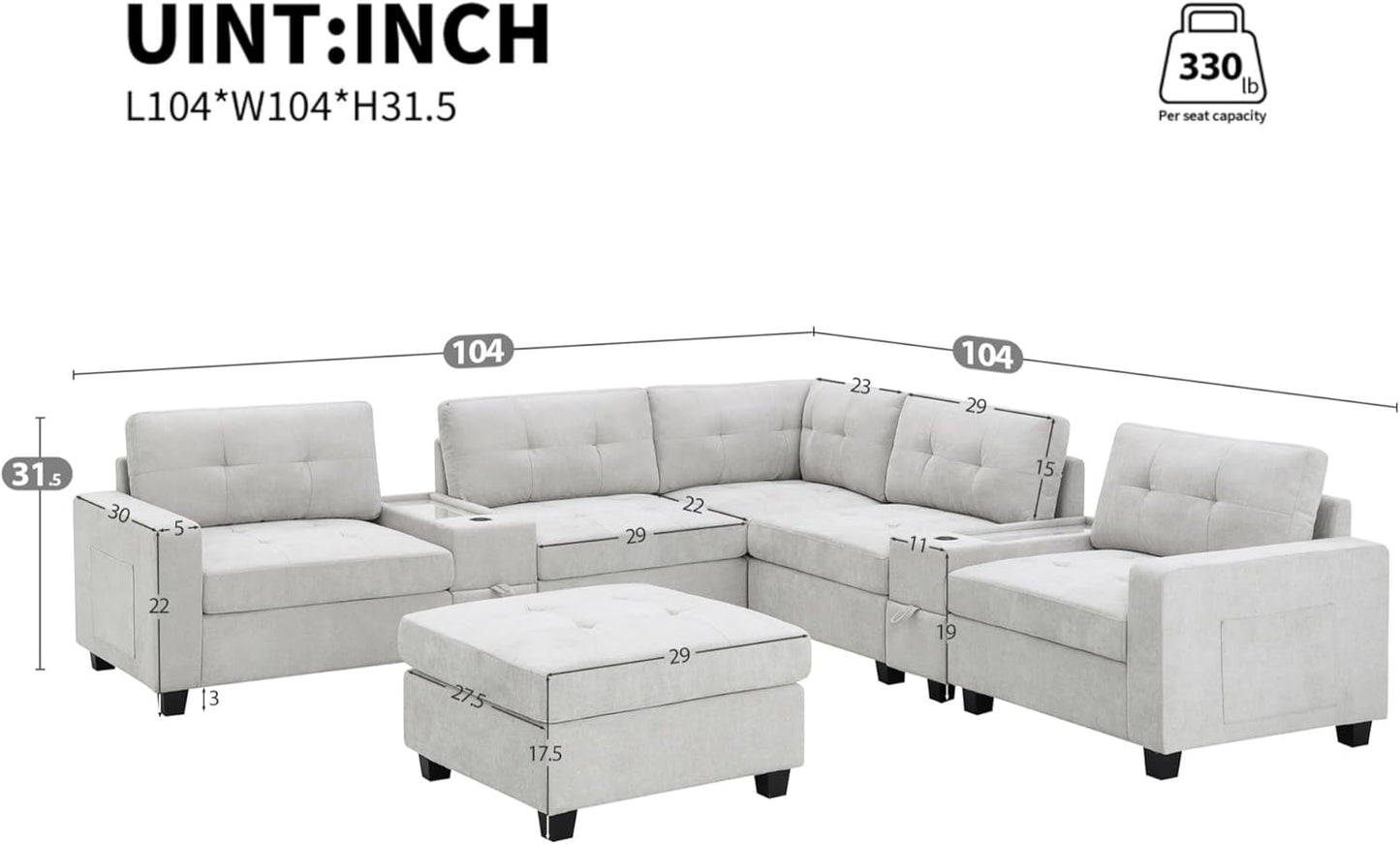 Merax 6 Seater Chenille Sectional Couches with 2 Acrylic Table Top Consoles, Upholstered Modular Tufted Sofa Chaise with Ottoman, Storage Drawers, Pockets, USB Charger & Cup Holders for Living Room