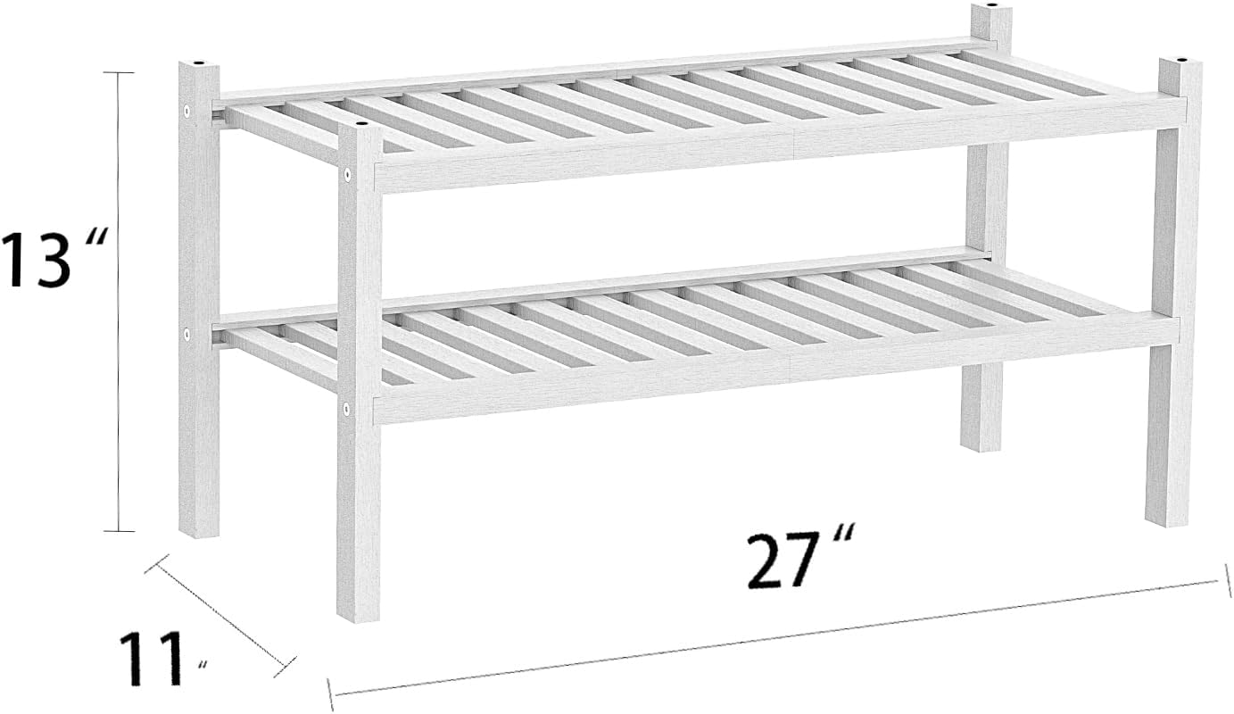 Shoe Rack 2-Tier Organizer-Stackable Storage Shelf with Multi-Function Combinations-Free Standing Bamboo Shoe Racks for Closet,Entryway,Hallway,Bathroom,Living Room Shoe Organization (White, 2-Tier)