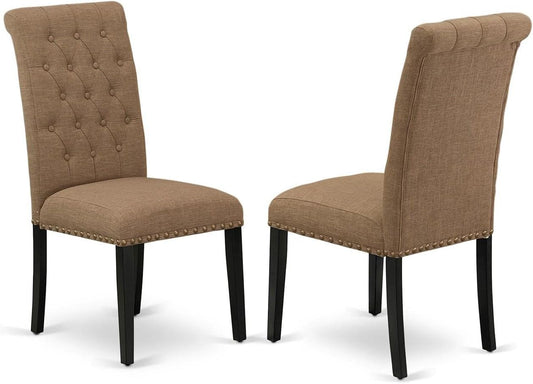 East West Furniture BRP1T17 Bremond Parson Dining Room Chairs - Button Tufted Nailhead Trim Light Sable Linen Fabric Padded Chairs, Set of 2, Black