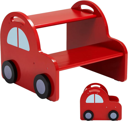 Wooden 2 Step Stool for Toddlers|Red Car Kids Stool with Handle and Non-Slip Sticker,Safety Bathroom Sink Stepstool for Boys & Girls,Children Foot Stool for Kitchen, Bedroom,and Toilet Training