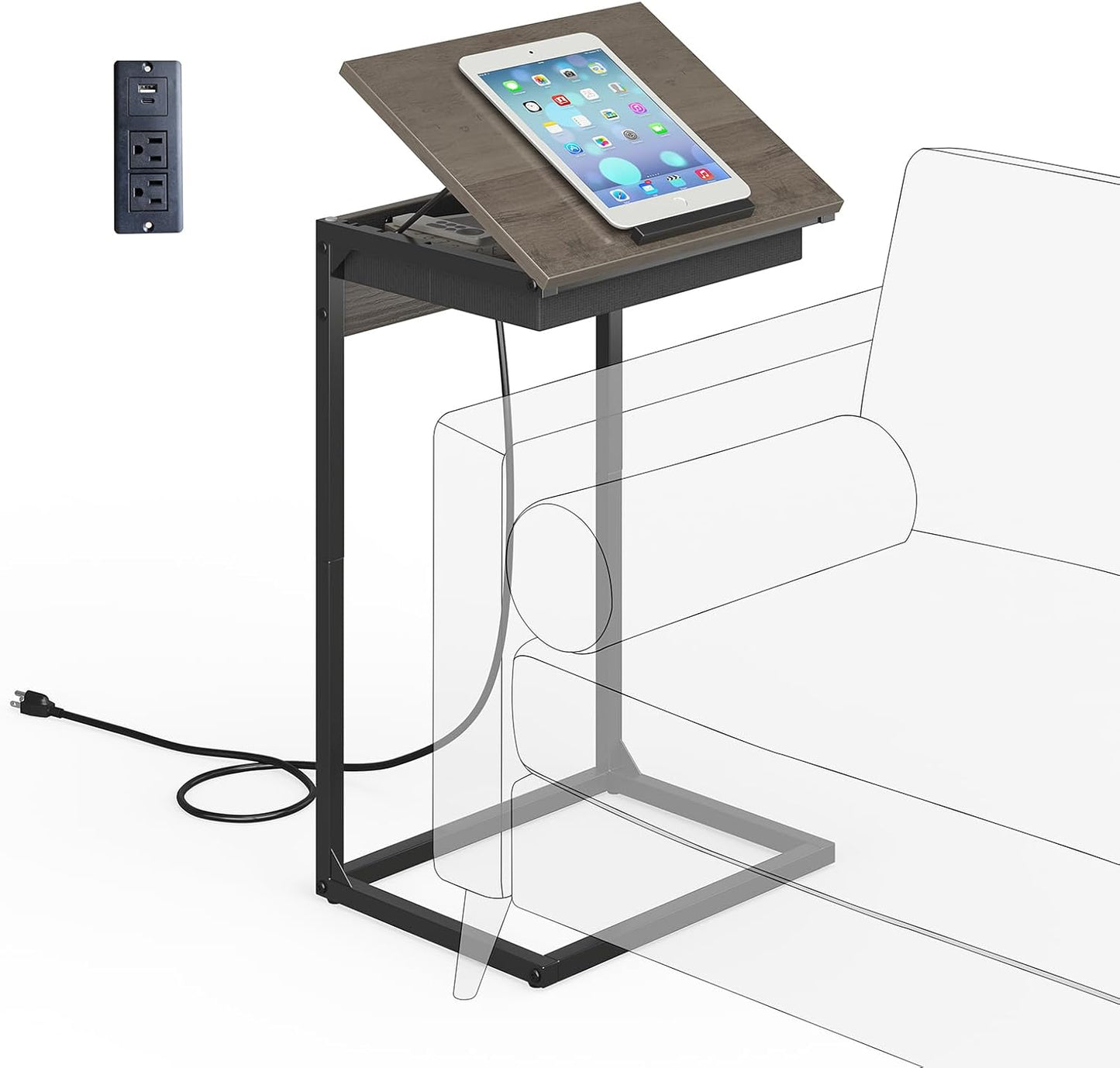 C Shaped End Tables with Charging Station, 45° Tiltable Adjustable Flip Top Side Table with Storage,Small C Table for Small Spaces,Slide Under Couch Sofa Bedside Tables for Living Room, Grey