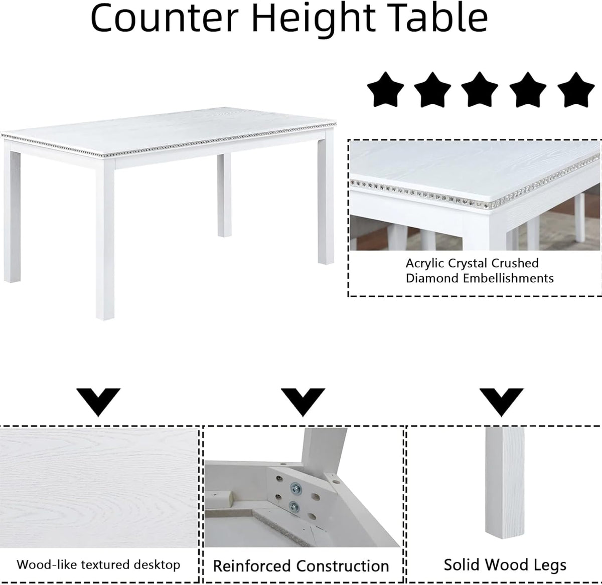 Dining Table Set for 5, 6 Piece Dining Room Table Set with Rectangular Crystal Decoration Table, 4 Upholstered Backrest Chairs and Bench, Counter Height Kitchen Sets with MDF Tabletop, White