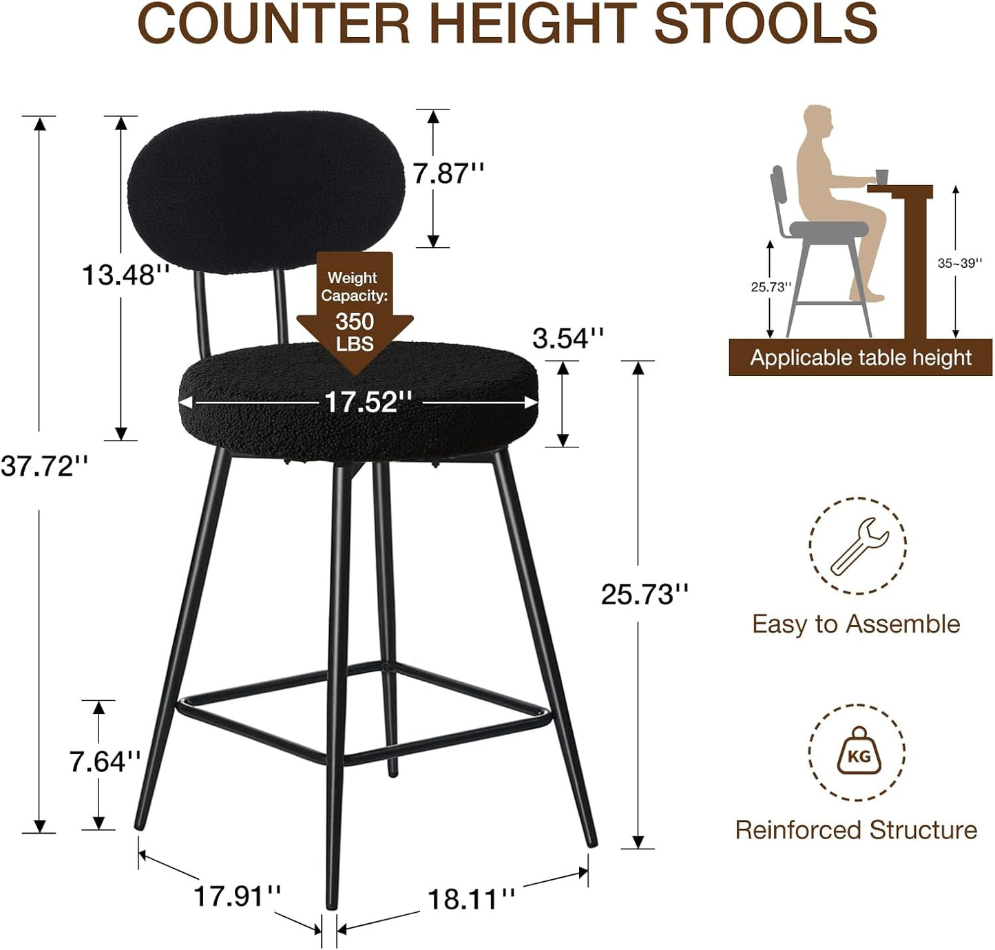 HOMMPA Counter Height Swivel Bar Stools Set of 2 Boucle Barstools 26'' Upholstered Modern Counter Barstools with Back Metal Legs Bar Stools Chairs for Kitchen Counter Island Black