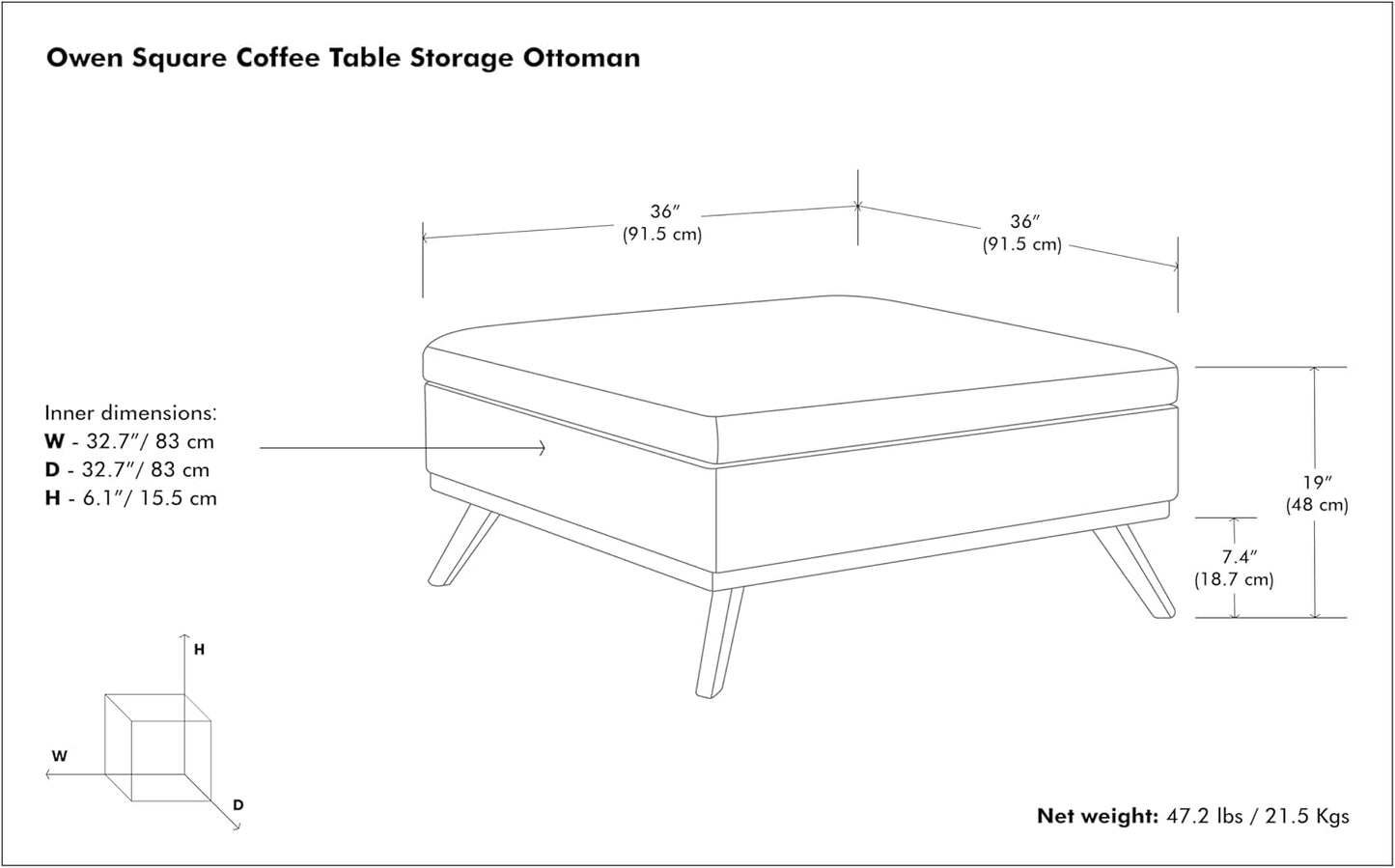 SIMPLIHOME Owen 36 inch Wide Mid Century Modern Square Coffee Table Storage Ottoman in Ebony Tweed Look Fabric, Assembled, for the Living Room, Entryway and Family Room