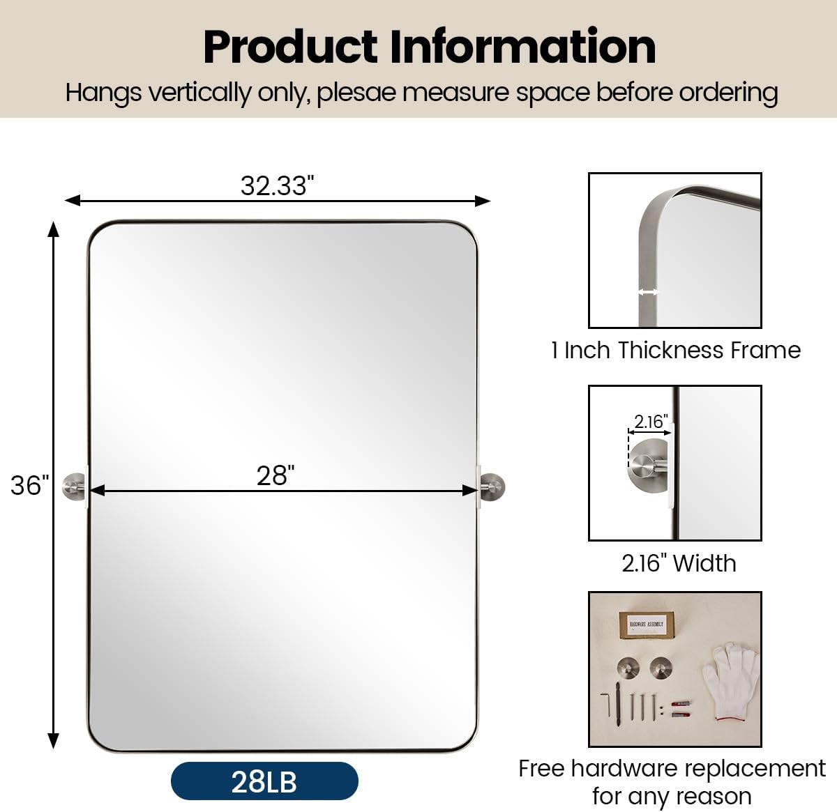 MOON MIRROR Brushed Nickel Pivot Mirror for Bathroom, Tilt Rounded Rectangle for Vanity, Overall 32.33 x 36 in (Mirror 28x 36 in)