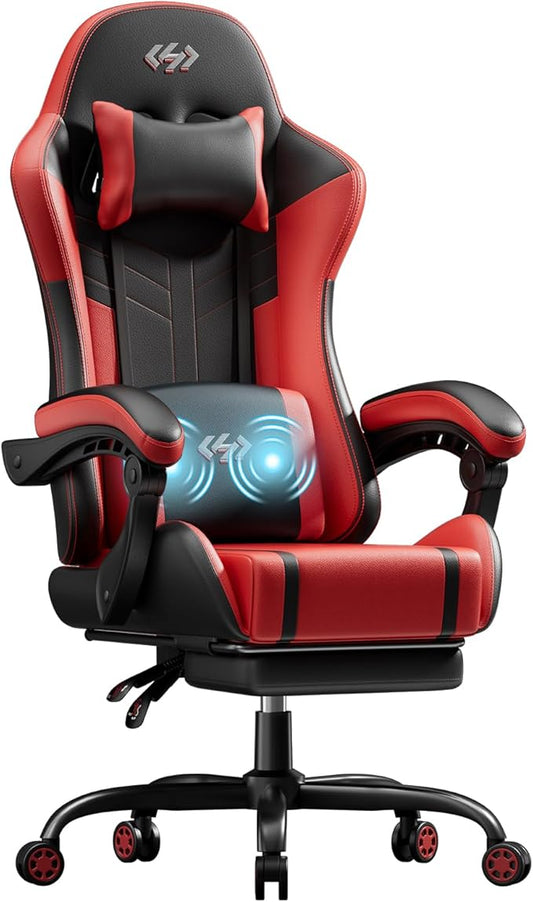 HLDIRECT Gaming Chair, Ergonomic Video Game Seat with 360° Swivel & Lumbar Massage, Computer Chair PU Leather Cushion for Adults Home/Office Use (Black & Red)