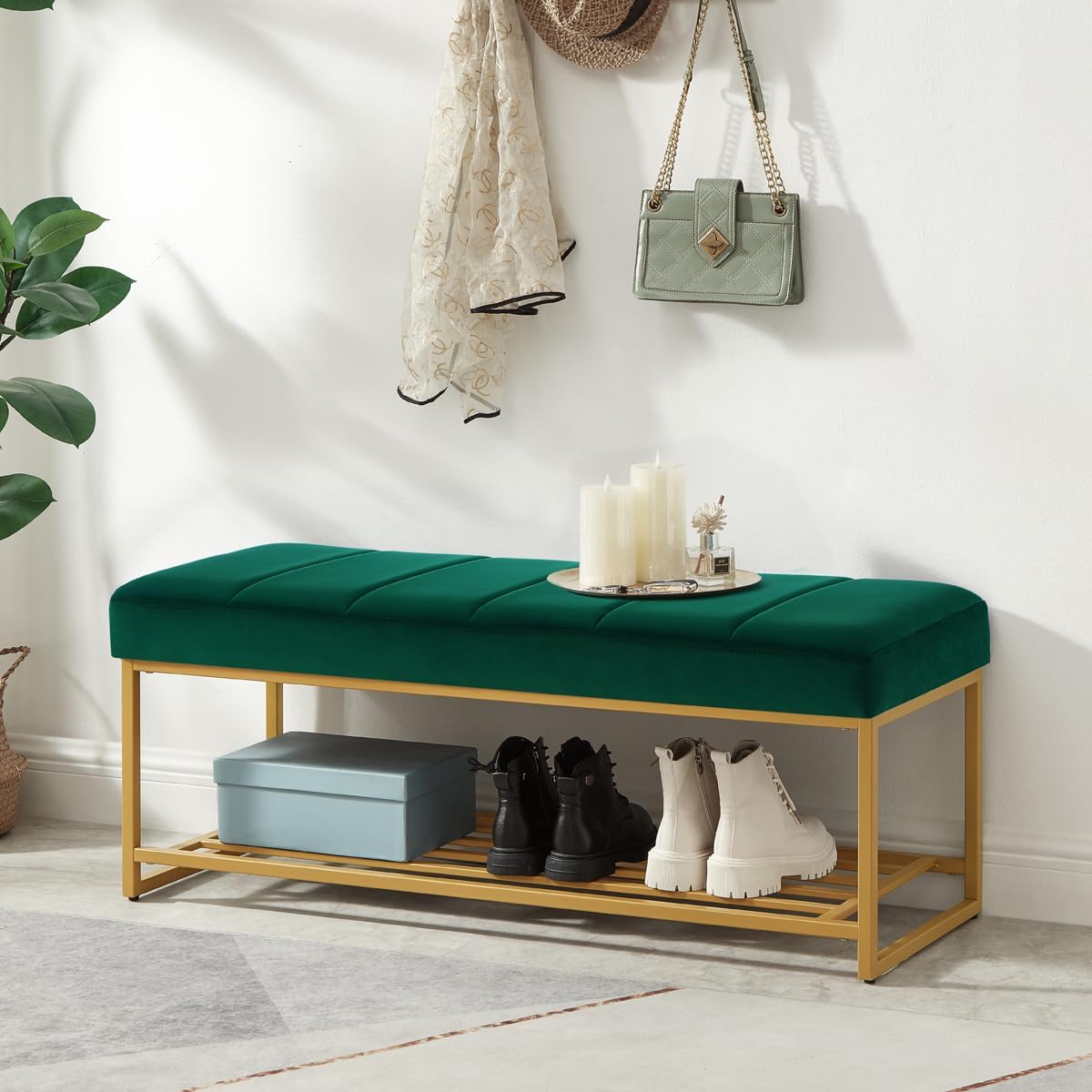 24KF Jade Velvet Upholstered End of Bed Bench with Metal Shelf, Modern Tufted Channel Entryway Bench Footboard Bench for Living Room, Bedroom, Gold Bench,5036-Jade