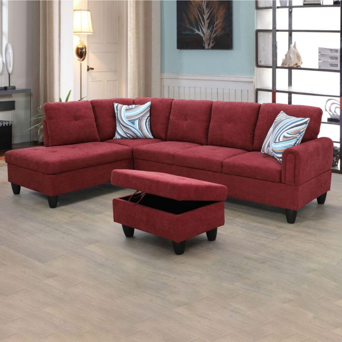 Red L-Shaped 3-Piece Flannel Sofa with Storage Ottoman Set, Sectional Couch Sofa Set for Living Room, Office, Small Space