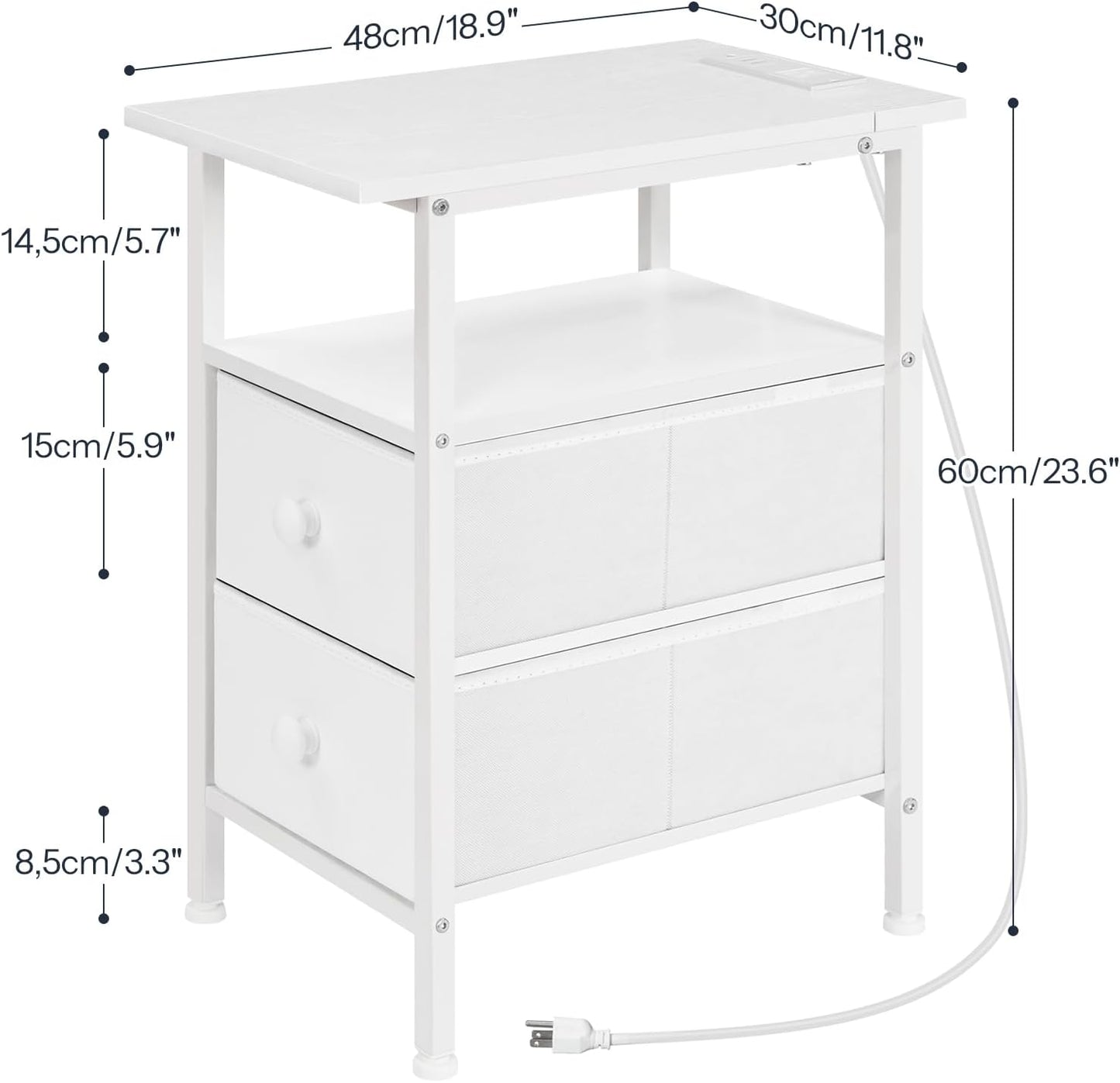 HOOBRO End Table with Charging Station, Narrow Side Table, Nightstand with 2 Non-Woven Drawers, Slim Sofa Side Table, for Small Spaces, Living Room, Bedroom, White WT486UBZ01