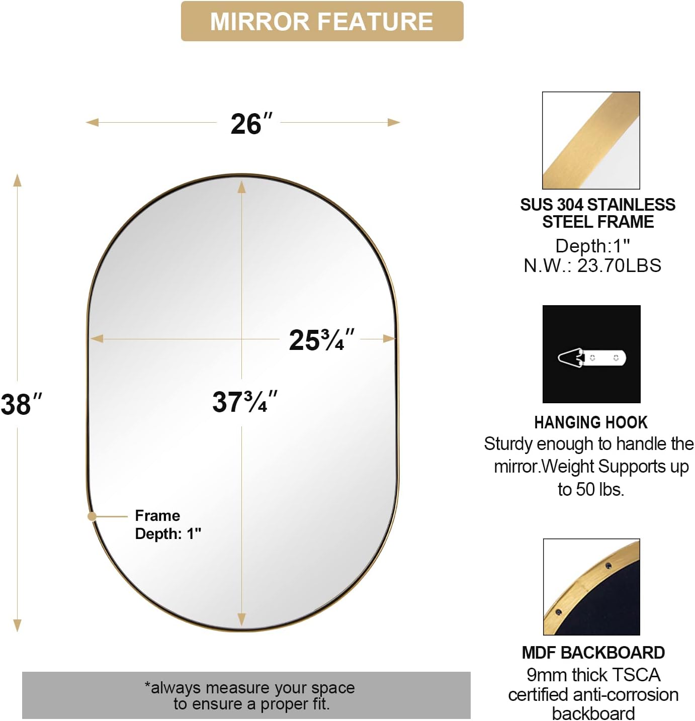 ANDY STAR Oval Mirrors for Bathroom, 26x38 Inch Gold Oval Mirror, Oval Brass Mirror Pill Shaped Stainless Steel 1’’ Deep Metal Frame Mirror Hang Vertically & Horizontally Ideal for Limited Space
