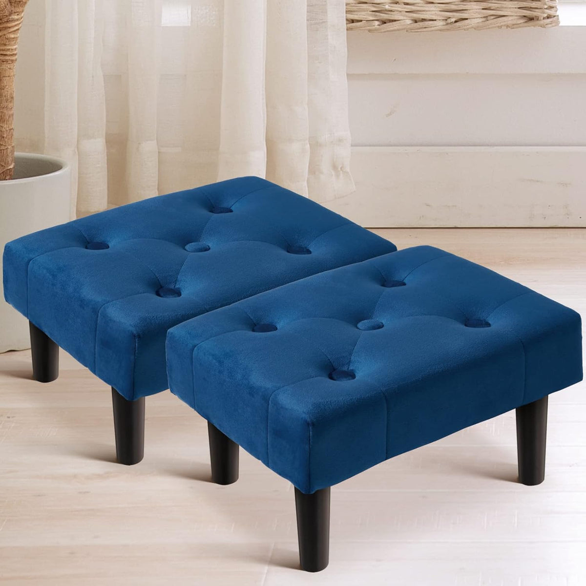 HOUCHICS Small Footstool Ottoman, Velvet Wooden Foot Stool Ottoman with Wood Legs, Sofa Footrest Extra Seating for Living Room Entryway Office(Blue 2PACK)