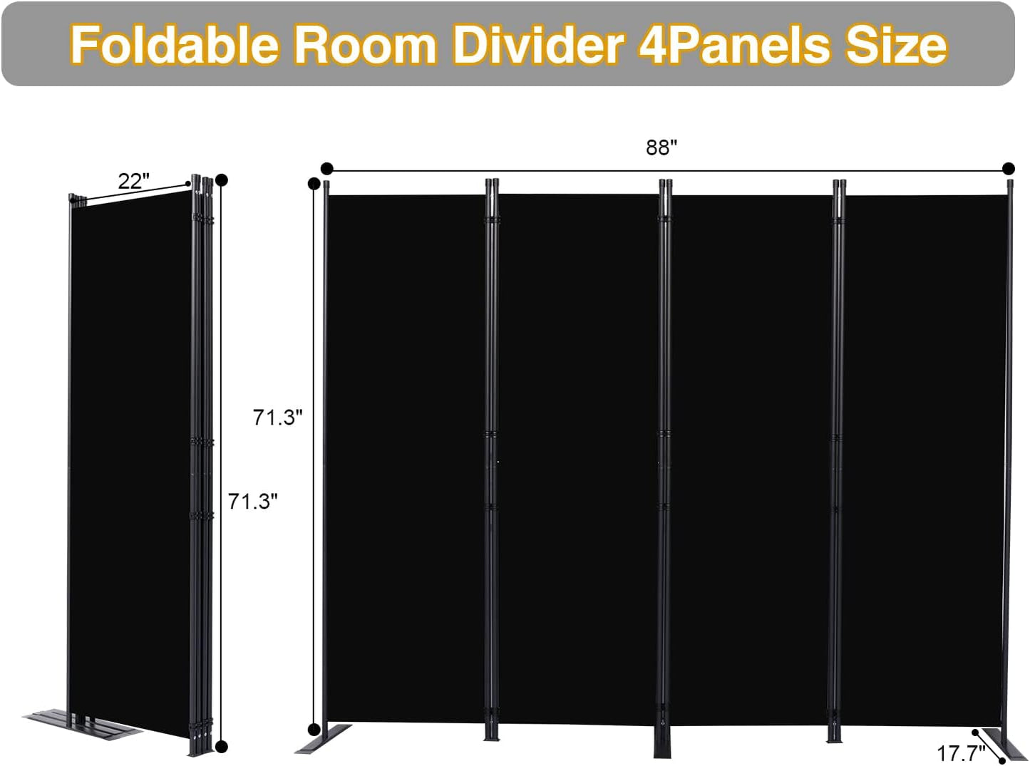 Room Divider, 4 Panel Folding Privacy Screens with Wider Feet, 6 Ft Portable Room Partition for Room Separator, Room Divider Panel 88" W X 71" H, Partition Room Dividers Freestanding，Black