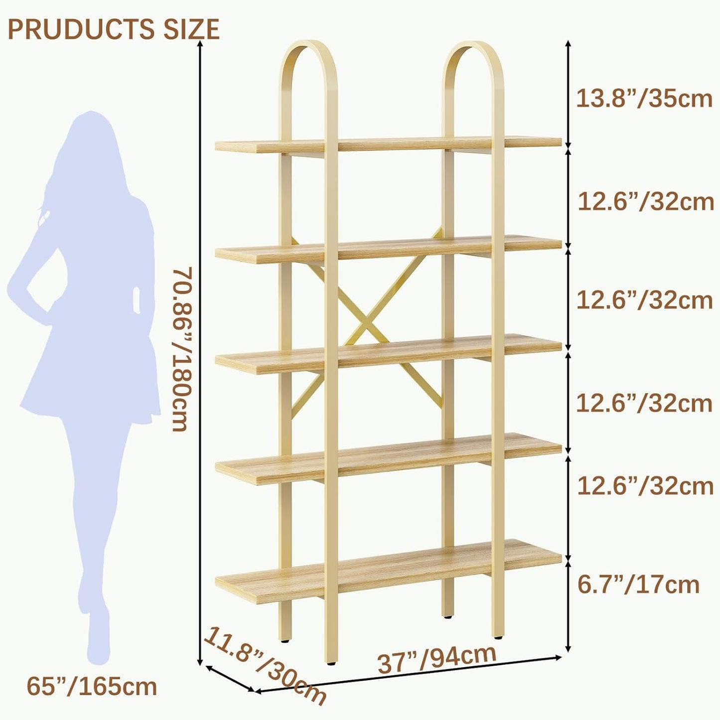 Wide Bookshelf Arched Bookcase, Industrial 5 Tier 72" Tall Freestanding Heavy Duty Display Rack for Home Office, Living Room,Nature Wood & Gold,Easy Assembly