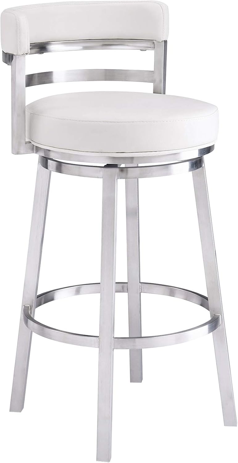 Armen Living Madrid 30" Seat Height Swivel White Faux Leather and Brushed Stainless Steel Bar Stool for Kitchen Island Counter