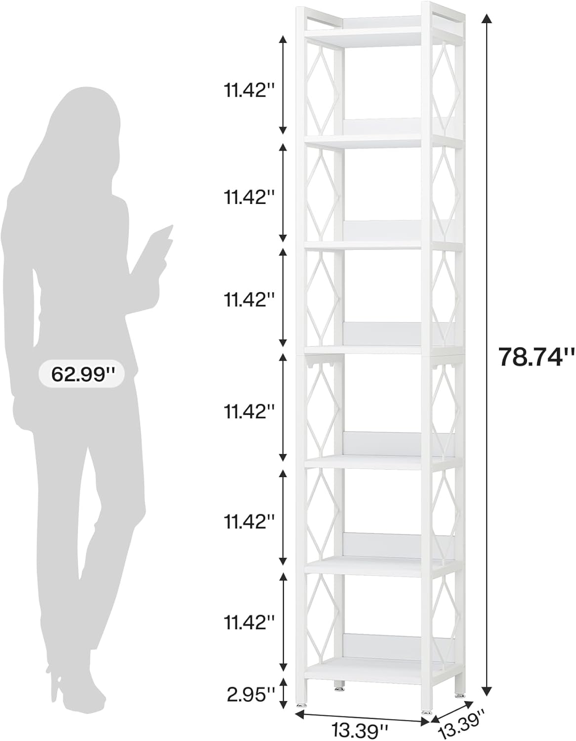 Tribesigns 78.7 Inch Extra Tall Narrow Bookshelf, 7 Tier Skinny Bookcase for Small Spaces, Freestanding Display Shelves, Multifunctional Corner Storage Organizer for Home Office, White