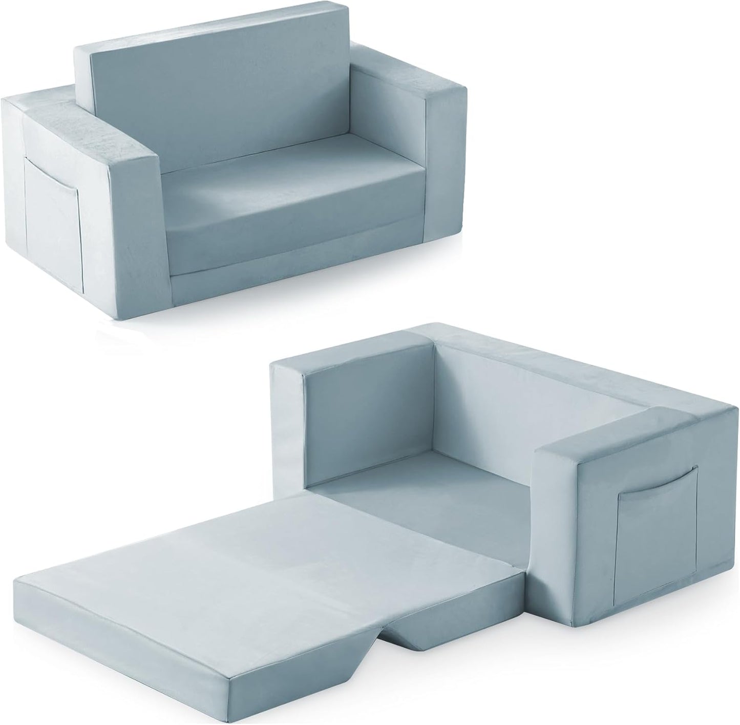 Kids Couch, 2-in-1 Toddler Chair Comfy 1-3 Years, Convertible Kids Chair, Toddler Couch That Fold Out, Kid Lounge Chairs for Boys and Girls, Soft Coral Fleece, Double, Blue