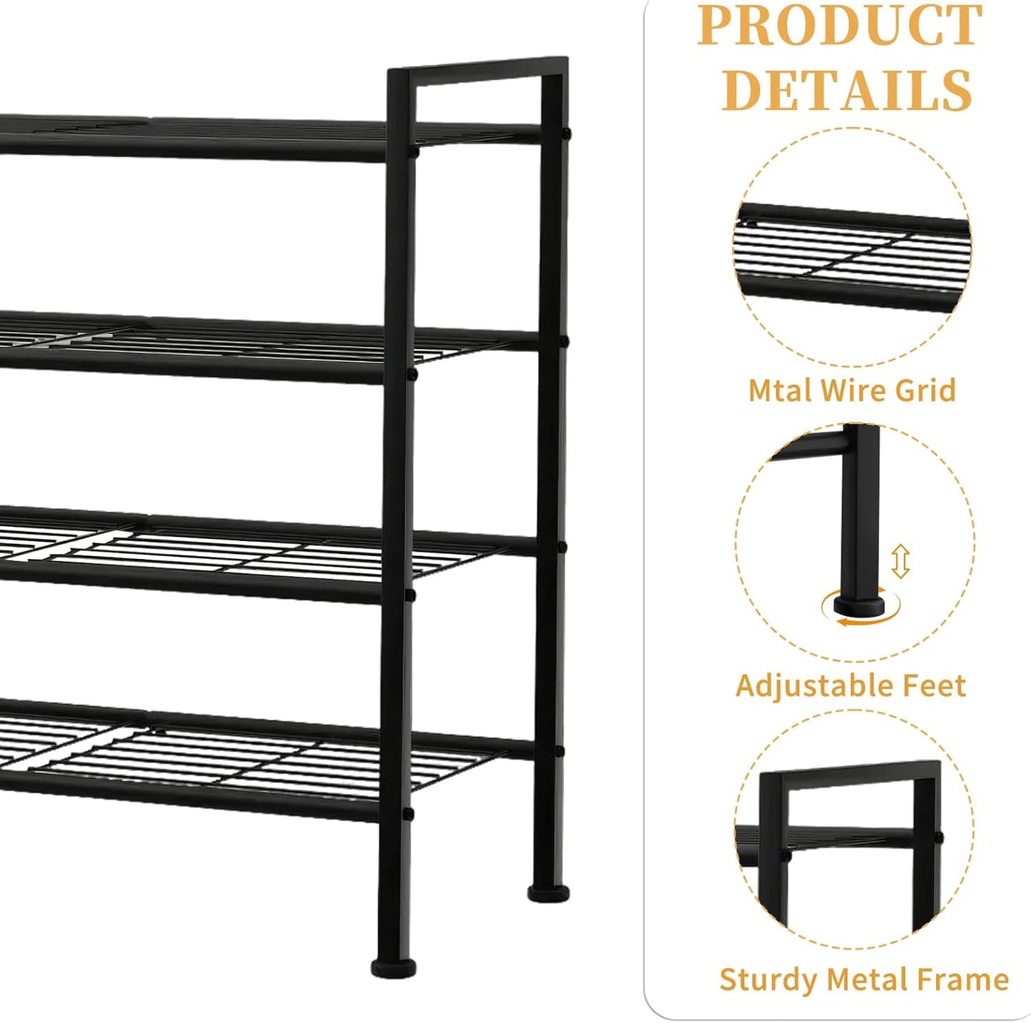 Simple 4 Tier Shoe Rack,Metal Stackable Shoe Storage Organizer for Closet,Entryway, Bedroom, Black (Black, 4-Tier)