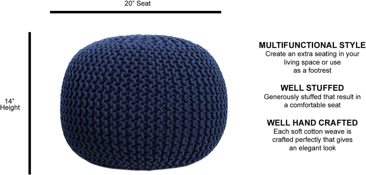 FRELISH DECOR Round Pouf Ottoman Hand Knitted 100% Cotton Pouf Foot Stool - Knitted Bean Bag - Floor Chair for Living Room Bedroom - Foot Rest for Couch (20 Diameter x 14 Height) - Navy