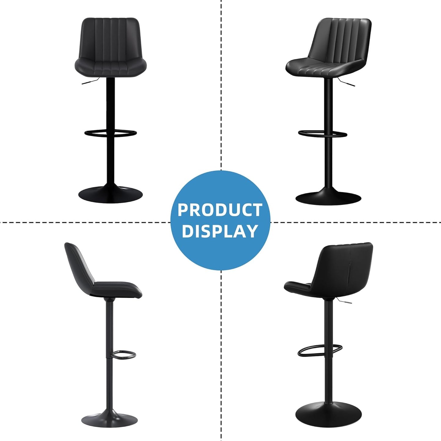 Shintenchi Swivel Bar Stools Set of 2, Adjustable Faux Leather Upholstered Swivel Counter Stools, Armless Bar Height Island Chairs with Back and Footrest, Black