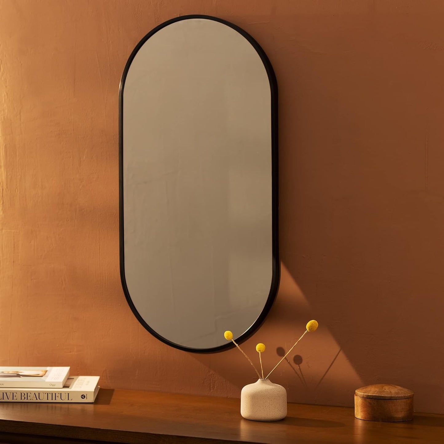 Navaris Oval Wall Mirror - 29.5" x 15" - Wall Mounted Hanging Mirror with Black Rustproof Aluminum Frame - Mirror for Bathroom Restroom Hallway