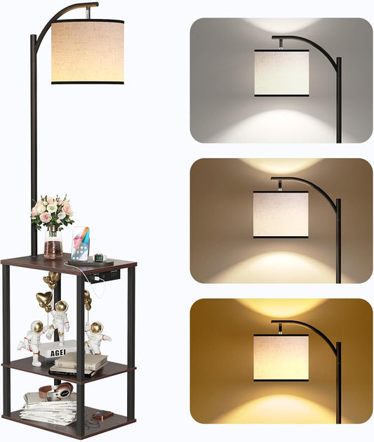 SUNMORY Floor Lamp with Table, End Table for Living Room with Lamp, Shelves Side Table with Charging Station(USB & AC Port), 3 Color Temperature LED Bulb, Modern Nightstand Lamp for Bedroom, Office