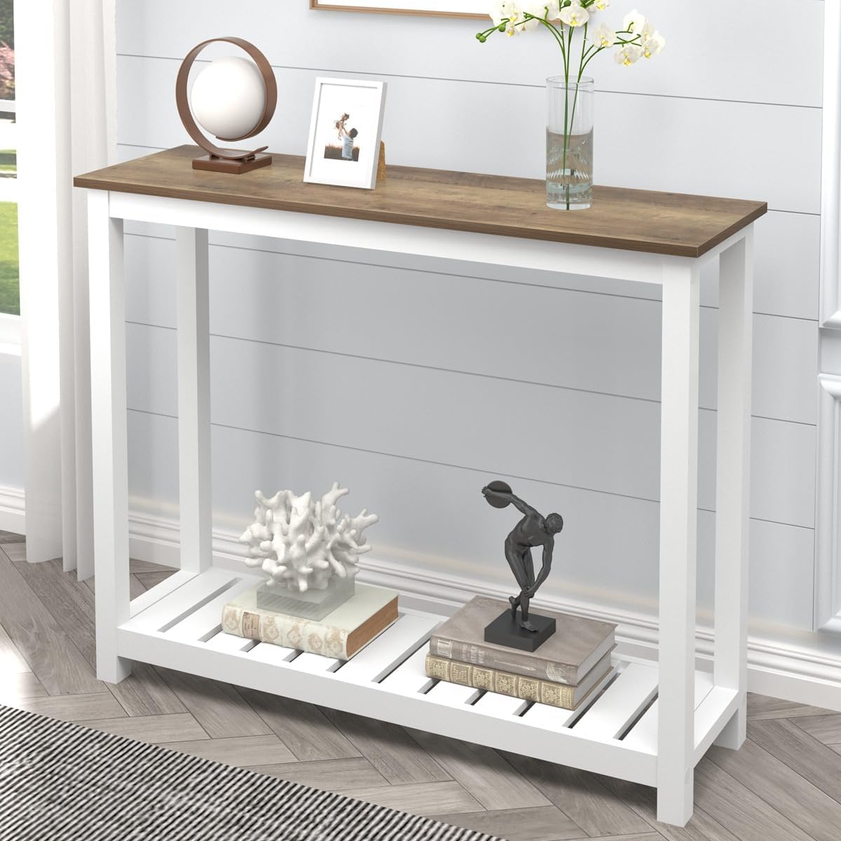 FOLUBAN Farmhouse Sofa Table, Rustic Vintage Console Table for Entryway, Living Room, Hallway, White