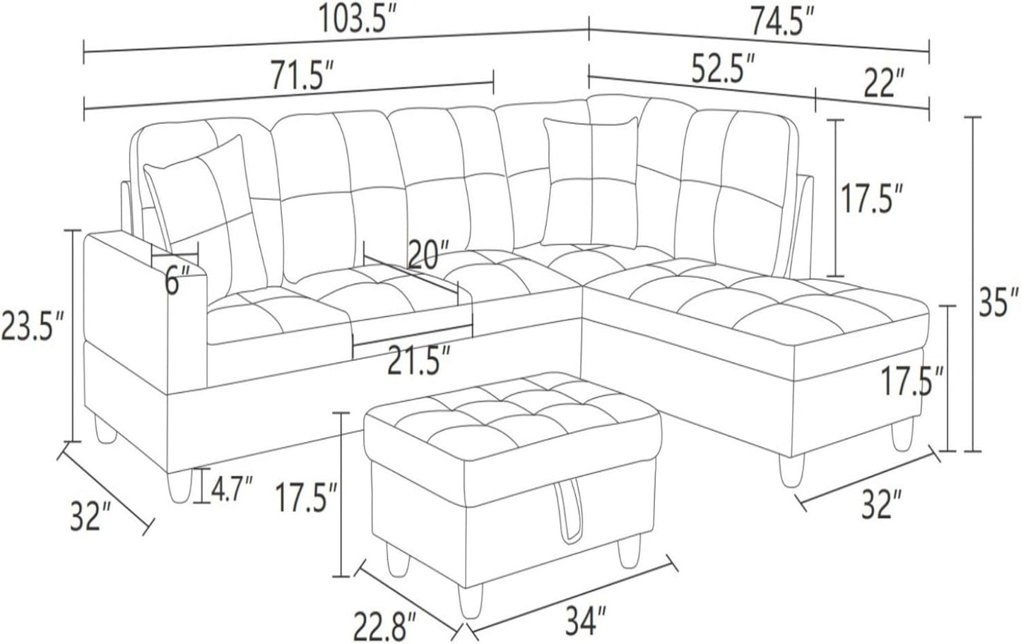 Sectional Couch with Ottoman Storage, L Shaped Sofa Furniture Sets, Modern Modular Couch Comfy Sofa for Living Room Bedroom, White