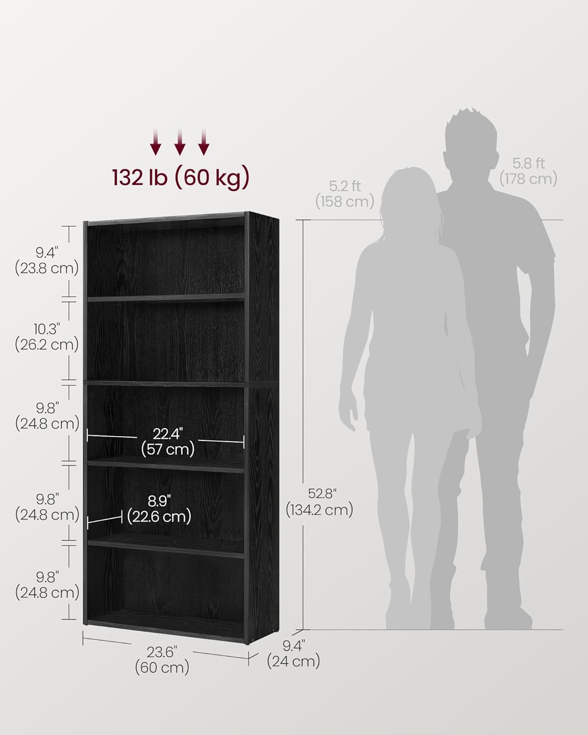 VASAGLE CUSTOS Collection - Bookshelf, 5-Tier Bookcase, Book Shelf, Open Storage Shelf, 9.4 x 23.6 x 52.8 Inches, for Living Room, Home Office, Dinning Room, Ebony Black ULBC165T56