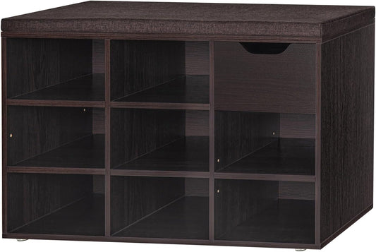 DINZI LVJ Shoe Bench,Entryway Storage Bench with Drawer and 8 Cubbies,Cubby Rack Adjustable Shelves,Shoe Organizer Cabinet for Living Room,Bedroom,Mudroom,Closet Garage,Espresso