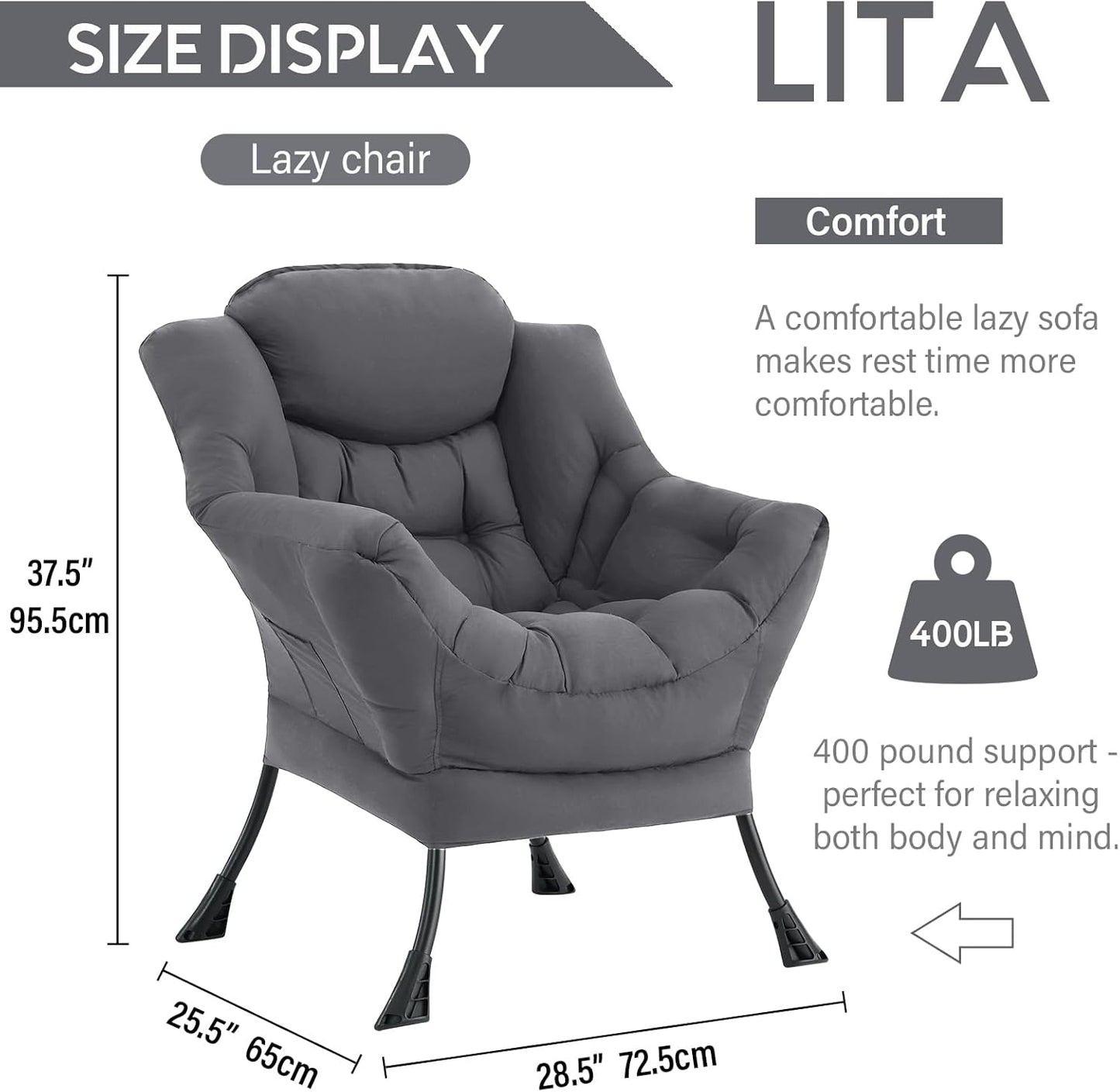 LITA Lazy Chair with Ottoman, Modern Accent Leisure Upholstered Sofa, Contemporary Lounge Reading Chair with Armrests and a Side Pocket for Living Room, Bedroom & Small Space, Single Dark Grey