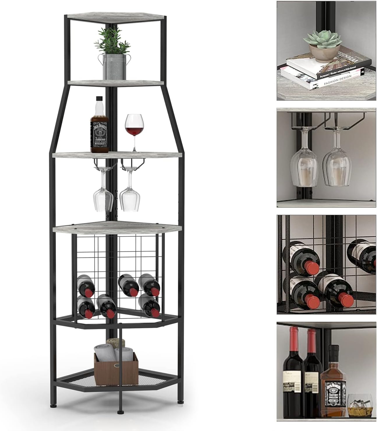 5-Tier Corner Wine Rack Floorstanding with Glass Holder and Bottles Wine Storage Home Bar Furniture for Home Kitchen Dining Room Industrial Metal and Wooden Corner Shelf