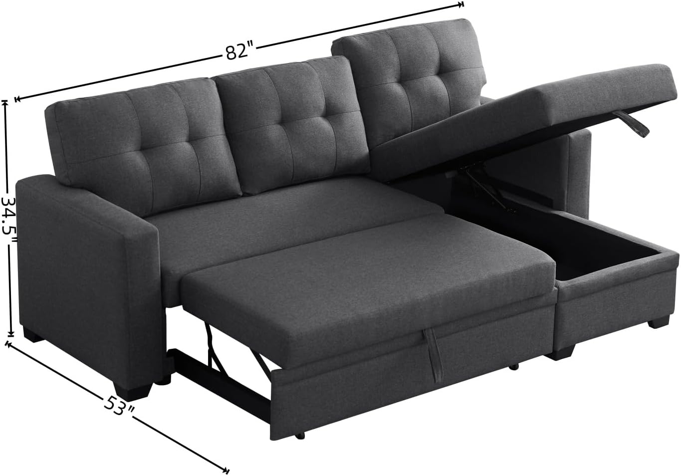 L-Shape Sofa Bed, 82" Sectional Couch with Storage Chaise, Pull Out Sleeper Sofa with Removable Back Cushions, Convertible Corner Couch for Living Room Apartment, Dark Gray