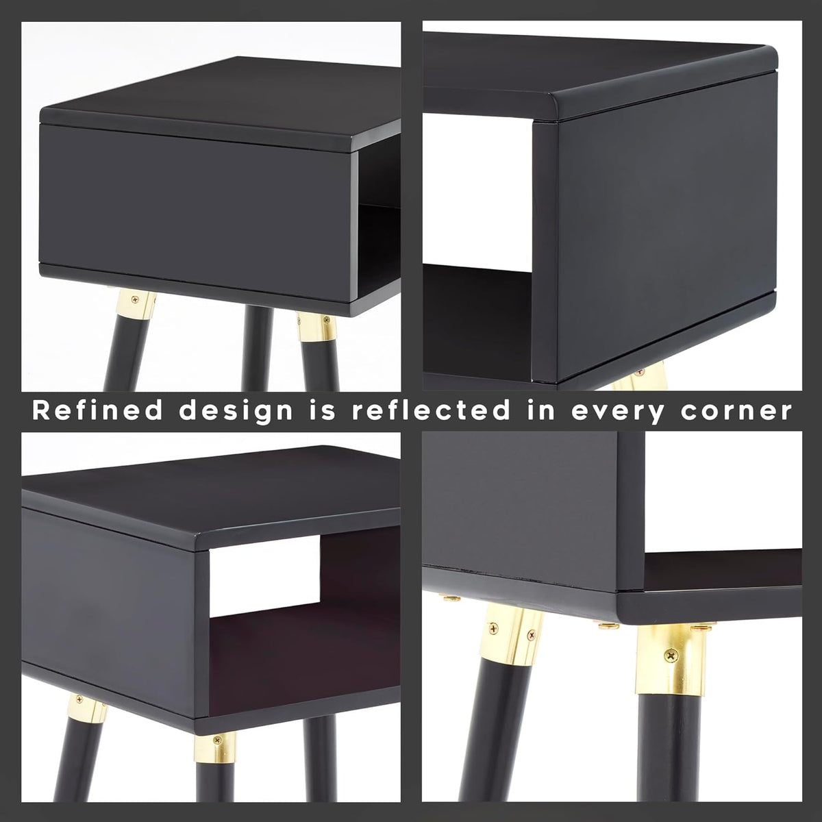 Bme Dinkee Solid Wood Nightstand, Fully Assembled, Without Drawer for Mid Century Bedroom and Living Room, Black