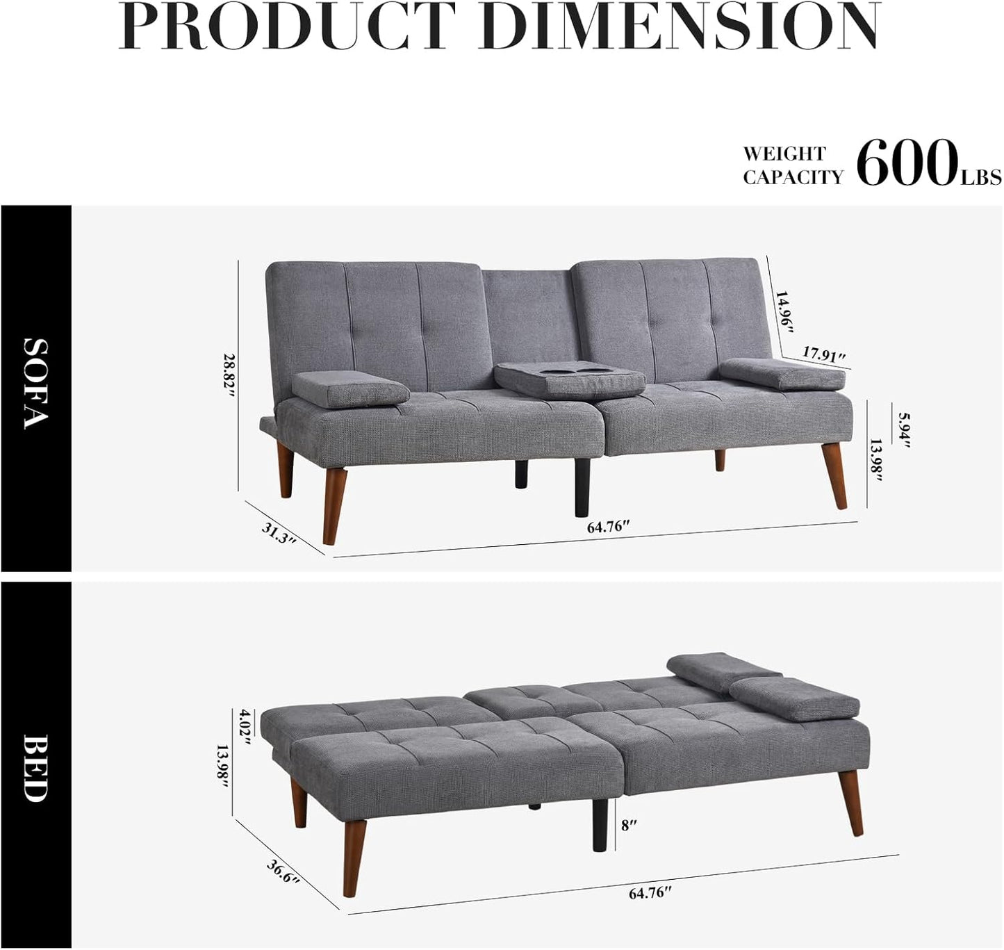 COLAMY Futon Sofa Bed-Fabric Small Couch, Small Lounge Convertible with 2 Cup Holders, Removable Soft Armrest, Adjustable Backrest for Dorm/Bedroom/College