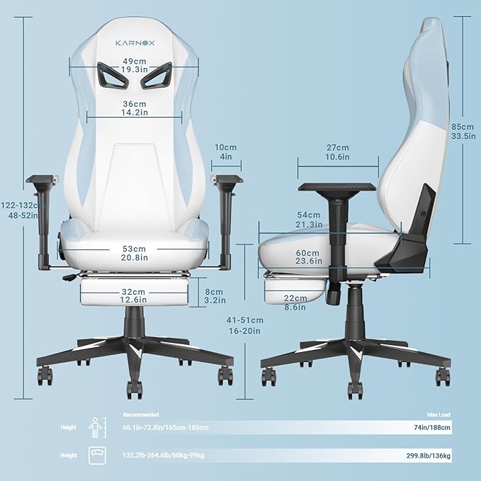 KORNOX Ergonomic Gaming Chair PU Leather with Footrest for Adults,Office Chair High Back,Gaming Chair Racing Height Adjustable for Teens,Game Chair with Headrest and Lumbar Support for Girl,White